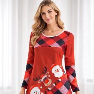Women's Red Plaid Holiday Mini Dress w/ Santa & Reindeer Print Size Small